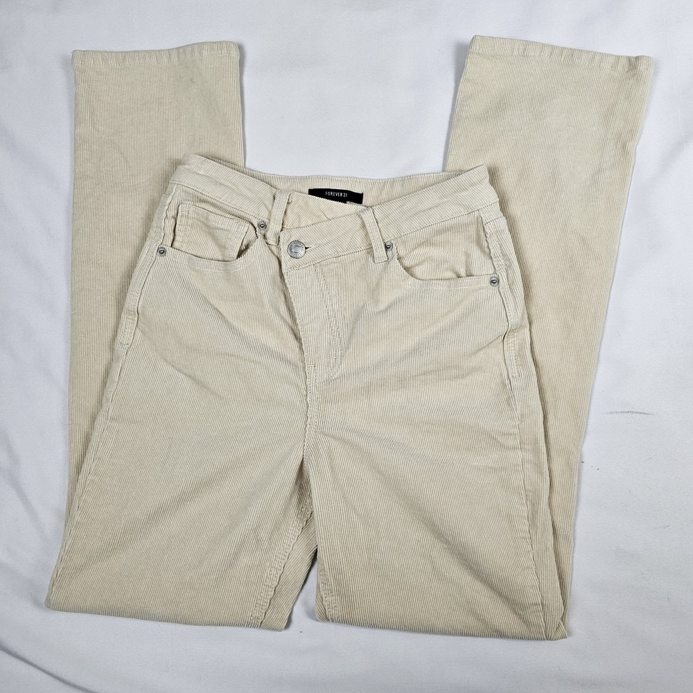 Forever 21‎ Women Small Cream Corduroy Pants Off Center Button Fly